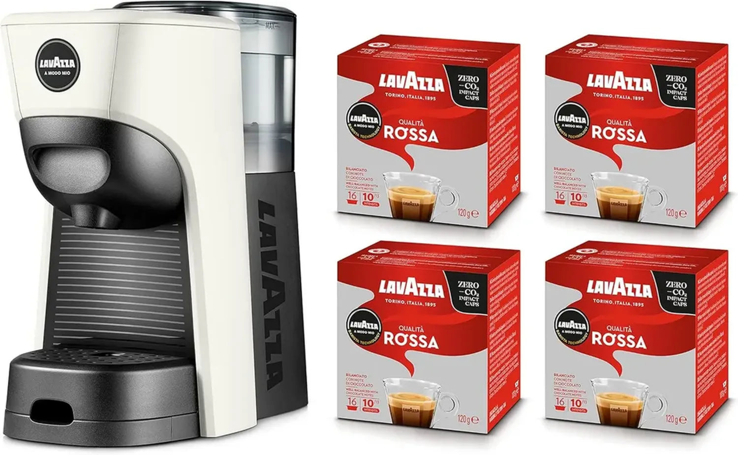 Lavazza A Modo Mio Tiny Eco Kaffeemaschine, Weiß, mit 64 Kapseln, aus recyceltem Kunststoff, 1450 W, 0,6L